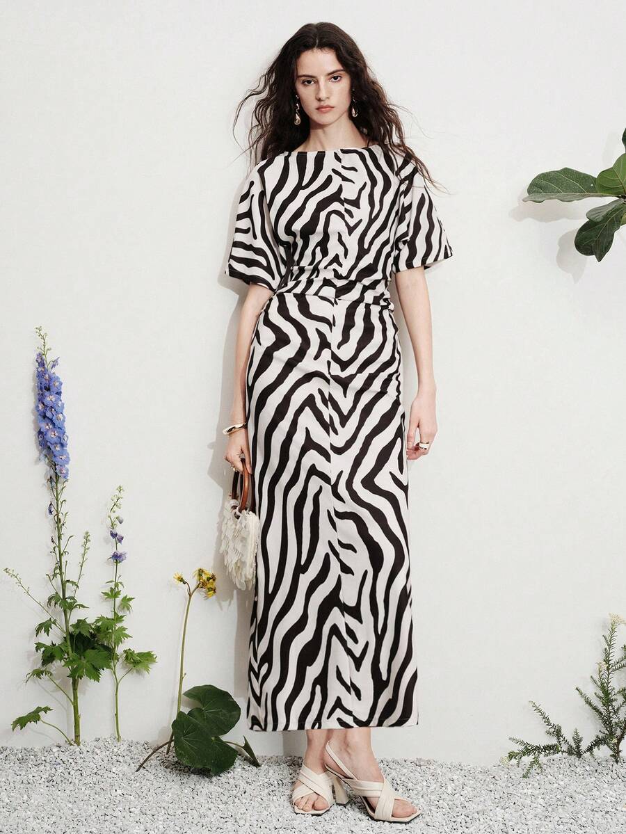 Aveloria Modichic Elegant High-End Black And White Animal Print Zebra Maxi Dress For Women,Summer Chic Holiday Tea Party Vacation,Loose Fit Flutter Sleeve Pleated - Multicolor - View 1