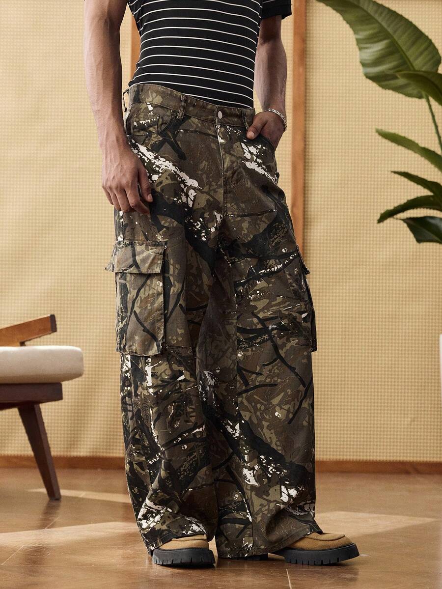 SWAVVY Quần jean denim nam kiểu cargo, in họa tiết cành cây, túi nắp gập, phong cách thường ngày. - màu nâu - Xem 1