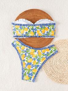 Swim Mod Set Bikini Tanpa Punggung Seksi Minimalis Motif Bunga Terbaru untuk Wanita, Cocok untuk Liburan Pantai - MultiWarna - View 2
