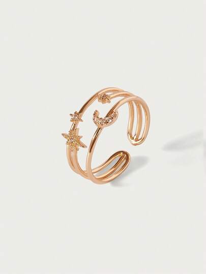 Glisma 1 pieza Anillo ajustable con diseño de estrella y luna de circonita cúbica color dorado, anillo de lujo con cristal para mujeres