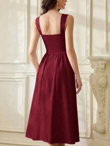 Vintamour 大码复古优雅女士连衣裙，带口袋，抹胸式设计，褶皱休闲假日派对连衣裙 - 酒紅色 - 查看 7