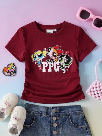 THE POWERPUFF GIRLS X SHEIN Young Girl Cute Cartoon Print Waist Cinched Short Sleeve T-Shirt, Summer