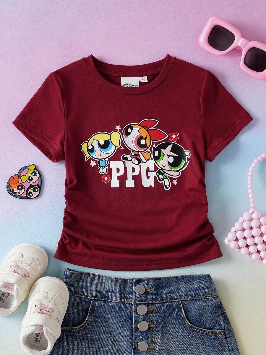 THE POWERPUFF GIRLS X SHEIN 女童可爱卡通印花收腰短袖T恤,夏季 - 酒紅色 - 查看 1
