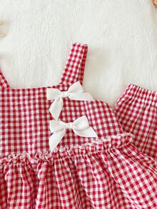 SHEIN 2件套女婴/幼儿休闲可爱度假风红色格子背心上衣和阔腿裤套装，女婴夏季服装 - 紅色 - 查看 3