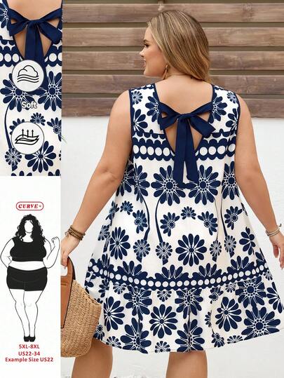 SHEIN CURVE+ Plus Size Women Summer Casual Sleeveless Printed Dress