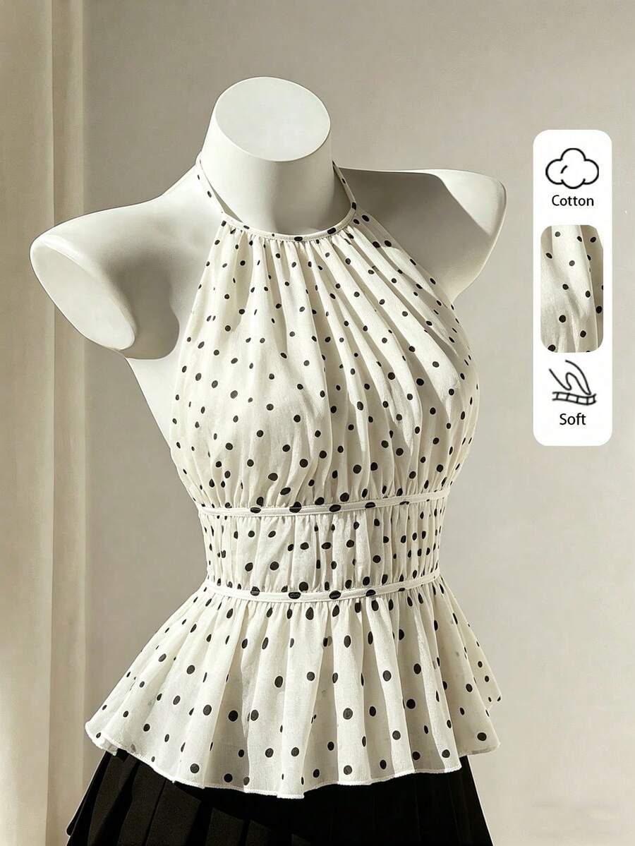 SHEIN Sweetro 女士新款波点衬衫，白色优雅女式衬衫，适合海滩度假、夏季休闲穿着、派对、通勤、日常外出，春、夏、秋、冬皆宜。采用荷叶边下摆、系领、泡泡袖和修身腰部设计，棉质面料。 - 白色 - 查看 1
