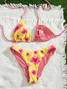 Swim Mod Summer Vacation Sexy Color Block Floral Trim Halter Backless Triangle Cup Bikini Set Golf White - Multicolor - View 4