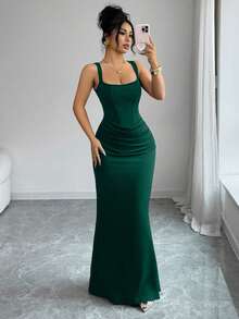 Selianne Đầm hè gợi cảm mới, đầm đen, cổ vuông kiểu Pháp, viền corset giả, dáng đuôi cá, thiết kế xếp ly eo, đầm đuôi cá, đầm dự tiệc cưới, thích hợp cho kỳ nghỉ, hẹn hò, tiệc tùng, ngày Valentine, đám cưới. - Màu xanh lá cây đậm - Xem 5
