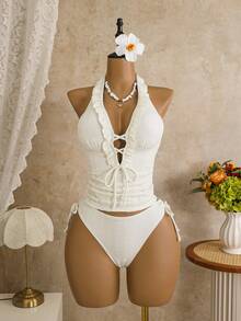 Swim Vcay Bộ đồ bơi tankini nữ màu trơn, gồm áo tankini xếp nếp và quần tankini tam giác, thích hợp cho kỳ nghỉ hè. - Màu be - Xem 3