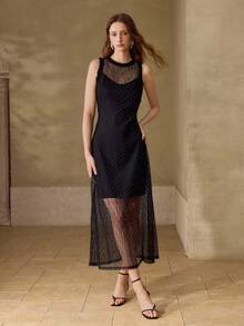 PREMIUM 女士长裙，春夏新款，无袖圆领优雅蕾丝连衣裙 - 黑色 - 查看 1