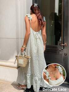 Serisse 女士格子休闲简约连衣裙，适合度假 - 綠色 - 查看 2