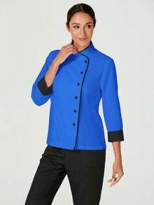 TaskEZ Women's Contrast Color Button-Up Collar Long Sleeve Work Uniform Chef Jacket In 3- 4th Sleeve For Women - Royal Blue - View 3