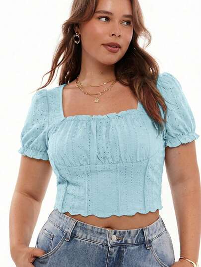 Solavibe Plus Size Solid Color Square Neck Petal Sleeve Embroidered Casual Summer T-Shirt