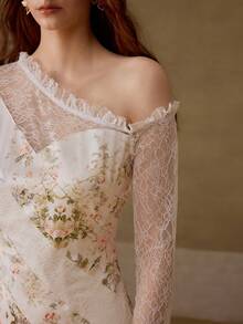 PREMIUM 女士优雅印花撞色蕾丝长裙 - 杏色 - 查看 2