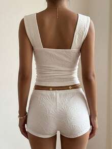 Livesso 2pcs/Set Women Lotus Leaf Texture Cropped Camisole And Shorts Pajama Set, Summer - White - View 2
