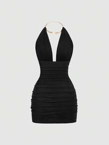 Sweetra Vestido ajustado de Body con cuello en V y diseño de gargantilla metálica, negro, primavera/verano - Negro - Ver 2