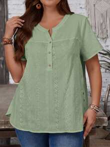 EMERY ROSE Plus Size Women Casual Commuting Mesh Embroidered Short Sleeve Blouse - Green - View 4