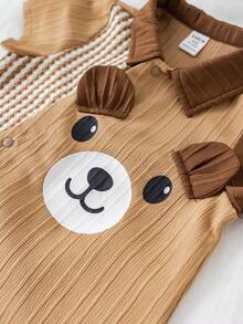 SHEIN Bộ áo liền quần tay ngắn hình gấu 3D dễ thương phối màu cho bé trai/bé gái sơ sinh, trang phục mùa hè cho bé. - màu nâu - Xem 5