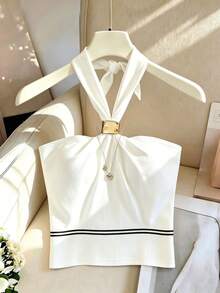 Franclia Women's White Backless Halter Top With Black And White Piping,Elegant Sexy Summer Vacation Outfits For Beach Golf,Party,Business Office And Casual - White - View 2