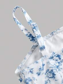 SHEIN Girlism 少女白色與藍色花卉優雅飄逸夏季迷你洋裝，度假生日茶會公主風套裝，適用訂婚派對、婚禮 - 藍色 - 查看 6