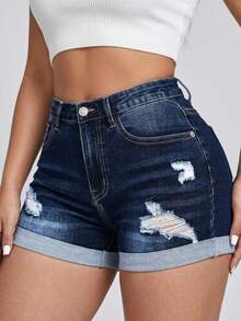 Pantalones cortos de mezclilla con dobladillo deshilachado y enrollable, Shorts informal, Pantalones cortos vaqueros informales y versátiles para mujer, Jeans - Azul - Ver 4
