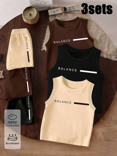Set de 6 piezas de moda casual de primavera y verano para niño pequeño, diseño minimalista de líneas creativas, estampado gráfico con eslogan "BALANCE", conjunto de chaleco y pantalones cortos en beige/negro/marrón oscuro, uso diario cómodo, estilos de verano acogedores adecuados para atuendos de primavera/verano de niño pequeño
