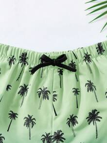 SHEIN 儿童/青少年男童休闲百搭舒适椰树印花拼接宽松内衬泳裤沙滩裤 - 綠色 - 查看 5