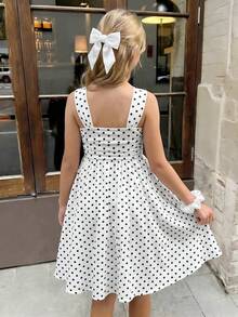 女童优雅经典针织褶皱黑色波点印花吊带连衣裙，宽肩带，适合春夏休闲穿着 - 白色 - 查看 2