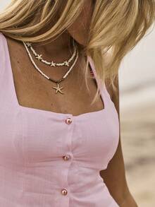 Aralina Summer / Fall Resort Vacation Beach Square Neck Button Through Mini Dress - Pink - View 4