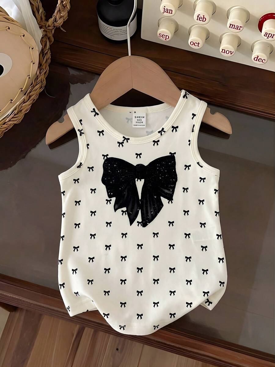 SHEIN Áo thun bé gái in nơ, kiểu dáng thường ngày, đa năng. - Màu be - Xem 1