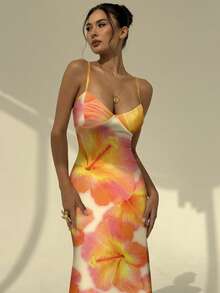Aloruh Summer Vacation Spaghetti Strap Tie-Up Bodycon Orange Hibiscus Print Dress, Suitable For Beach, Music Festival,Summer Dresses Women - Multicolor - View 3