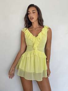 Aloruh Vestido mini de línea A con cintura ceñida, dobladillo con volantes y capas, estilo vacacional - Amarillo - Ver 8
