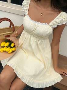 SHEIN SunnyBelle Đầm ngắn nữ dáng chữ A xòe eo cổ búp bê, chất liệu cotton nguyên chất, thích hợp cho mùa xuân/hè. - Màu vàng - Xem 1
