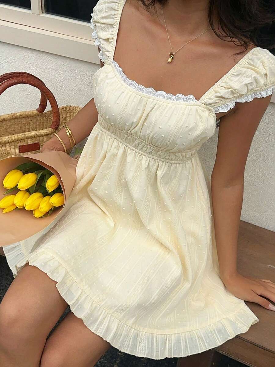 SHEIN SunnyBelle Đầm ngắn nữ dáng chữ A xòe eo cổ búp bê, chất liệu cotton nguyên chất, thích hợp cho mùa xuân/hè. - Màu vàng - Xem 1