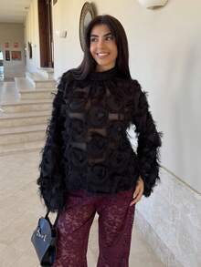 Hitanina 女士时尚黑色毛绒长袖衬衫 - 黑色 - 查看 2