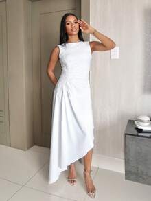 Natali Santanap 女士新款优雅简约毕业/婚礼宾客礼服，白色无袖圆领腰部褶饰贴花花卉刺绣不对称下摆针织长裙，夏季 - 白色 - 查看 1