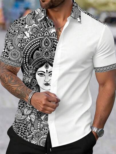 Fenqiro Men's Retro Contrast Color Front Button Casual Summer Daily Short Sleeve Shirt  Holiday  Vacation  Beach Hawaii  Men Shirt