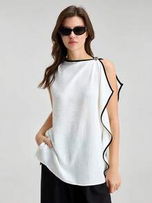 Ontre Áo kiểu nữ dáng rộng màu trắng/beige phối đen, mẫu mới Xuân/Hè 2026, phong cách tối giản thanh lịch, thiết kế xếp tầng bồng bềnh, đa năng cho các buổi đi chơi, kỳ nghỉ, hẹn hò, đám cưới, công sở, trường học, thời trang thường ngày. - trắng - Xem 6