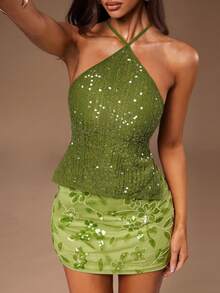 Radiana 性感牛油果绿钩针亮片吊带背心，交叉露背设计，钩针编织，亮片点缀，夏日波西米亚风度假沙滩上衣，适合夜晚、约会、聚会、派对、夜店、鸡尾酒会、音乐节、演唱会、海岛、海滩等场合。 - 綠色 - 查看 1