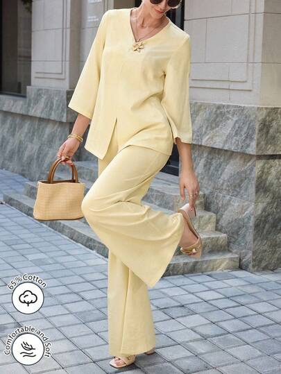 Mulvari Ensemble Top à manches mi-longues décontracté à boutons métalliques et pantalon droit à taille élastique, couleur abricot, printemps/été