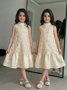 SHEIN 少女优雅无袖A字连衣裙，小立领设计，适合通勤穿着。 - 杏色 - 查看 1