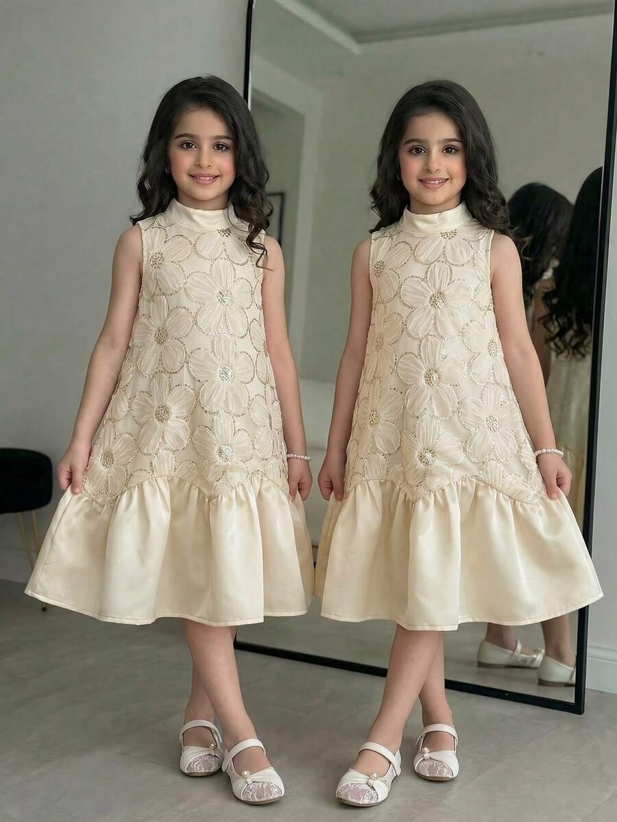 SHEIN 少女优雅无袖A字连衣裙，小立领设计，适合通勤穿着。 - 杏色 - 查看 1