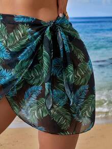 Swim Lushoire 度假沙滩植物印花系带裹身和服罩衫 - 軍綠色 - 查看 5