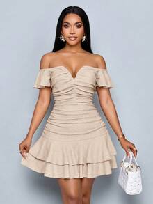 Women's Fashionable Elegant V-Neck Off Shoulder Ruffle Sleeve Textured Mini Dress – Ruffle Sleeve Ruched Bodycon Double Ruffle Hem Party Dress For Club & Date Night,Women Ruffle Sleeve Ruched Bodycon Double Ruffle Hem Party Club Dress - Apricot - View 7