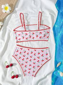 SHEIN Tween Girls Ditsy Ditsy Floral Bandeau Bikini Set, Suitable For Vacation, Retro, Beach, Ocean, Elegant, Cute - Pink - View 2