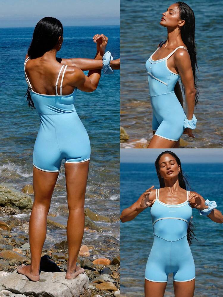4.3" FeatherFit™-Air Set Sail Mock 2-Piece Contrasting Bust Shoulder Straps Removable Cups One Piece Romper  Holiday Vacation Summer Daily Casual Wear
