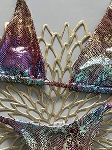 Swim Vcay 2pcs/Set Snake Skin Textured Halter Neck Triangle Bra And Side Tie Thong Bikini Set,Purple Summer Y2k Beach Zebra Print Bathing Suit Swimwear - Multicolor - View 6