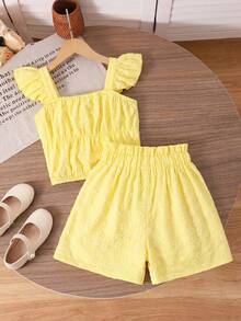 SHEIN 2pcs/Set Tween Girls Sweet Princess Butter Yellow Floral Embroidery Jacquard Vest & Shorts Set,Spring/Summer Ruffle Sleeve Top & Shorts For Wedding - Yellow - View 2