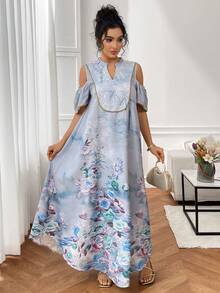 Al Najma Women's V-Neck Jacquard Off-Shoulder Casual Party Dress - Baby Blue - View 6