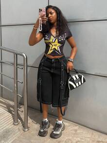 SHEIN 女士宽松破洞口袋七分牛仔裤 - 黑色 - 查看 6